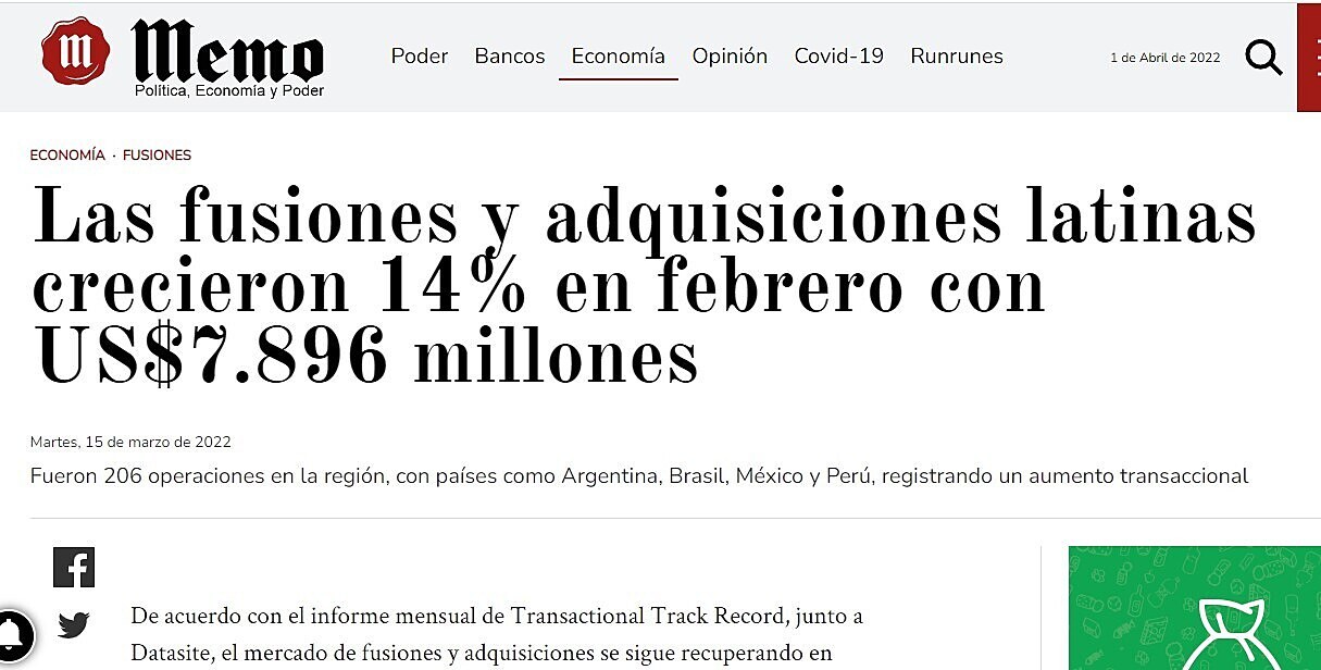 Las fusiones y adquisiciones latinas crecieron 14% en febrero con US$7.896 millones